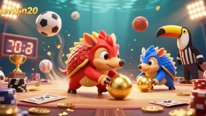 Experience thrilling action with Sunwin20 as pangolins roll poker chips and sports elements in a vibrant casino scene.