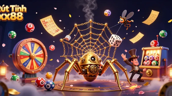 Catch your fortune with Rút Tiền xx88, featuring vibrant lottery balls and dynamic casino elements.