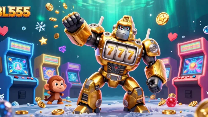 BL555's animated golden gorilla mech showcases thrilling slot game excitement with coins bursting forth.