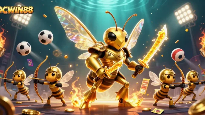 Experience the thrilling gameplay at IDCWIN88 alongside a giant samurai hornet and bee archers in a vibrant casino scene.