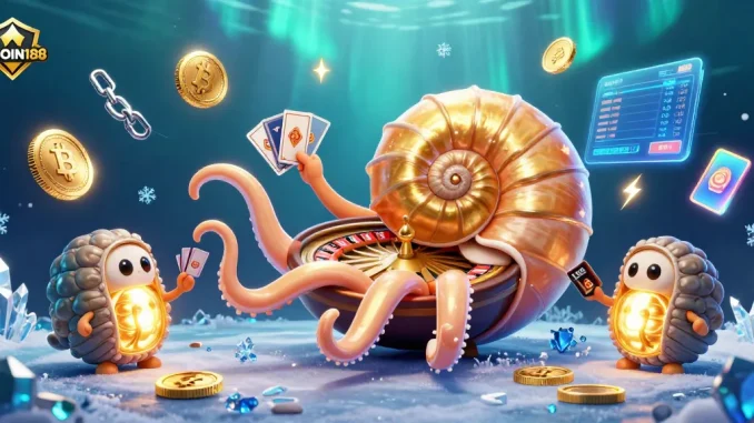 Join the excitement at IDCOIN188 with a vibrant 3D casino scene featuring ancient nautilus and crypto elements.