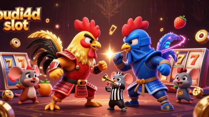Experience thrilling gameplay with budi4d slot showcasing fierce roosters in a vibrant standoff highlighted by dynamic slot elements.