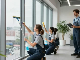 Professionelles Reinigungsteam der Putzfirma Dortmund bei der Fensterreinigung in einem modernen Büro.