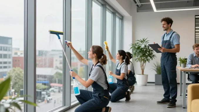Professionelles Reinigungsteam der Putzfirma Dortmund bei der Fensterreinigung in einem modernen Büro.