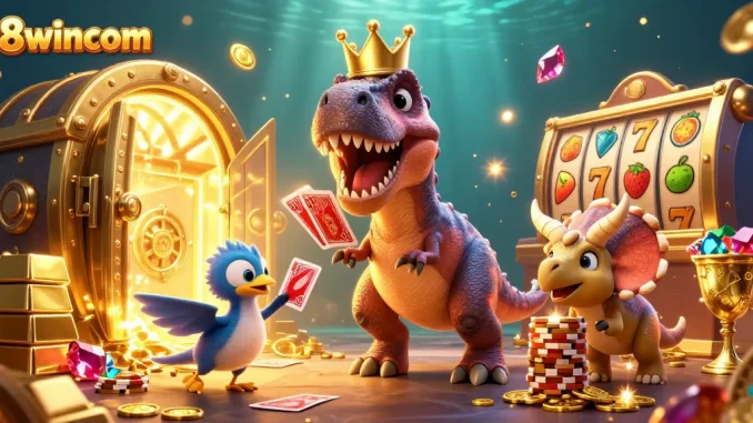 Experience thrilling card shuffling with 98wincom's adorable T-Rex and playful characters in a vibrant casino!
