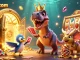 Experience thrilling card shuffling with 98wincom's adorable T-Rex and playful characters in a vibrant casino!