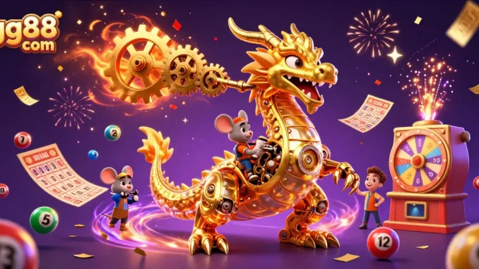 Experience thrilling gaming with gg88 com's vibrant casino scene featuring a golden dragon, lottery balls, and prizes.
