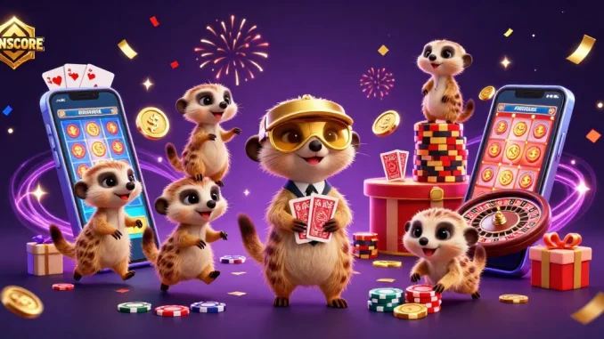 IDNSCORE showcases a lively casino scene with meerkats gaming, capturing the thrill of online slots and poker.