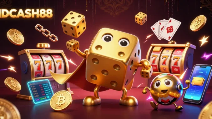 Spin the reels with IDCASH88 and win exciting bonuses in a vibrant casino illustration.