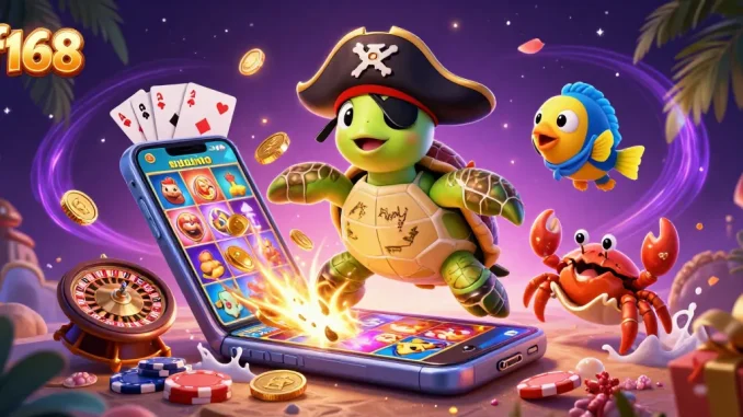 Experience the excitement of f168 with a vibrant 3D casino scene featuring a playful pirate turtle, crab, and parrotfish.